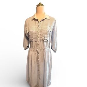 Vintage‎ PERI Petites Striped Button Front Midi Dress Shirt Style Elastic Waist